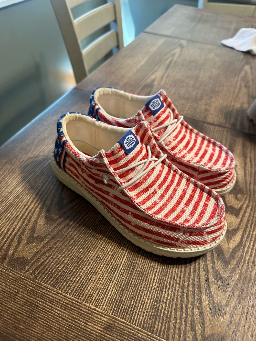 Hey Dude shoes in Red & Blue Striped Canvas